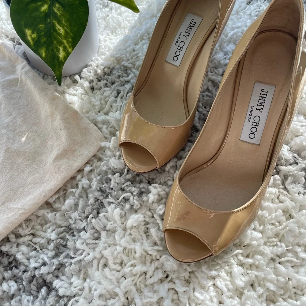 Jimmy Choo Beige Patent Leather Peep-Toe Wedge